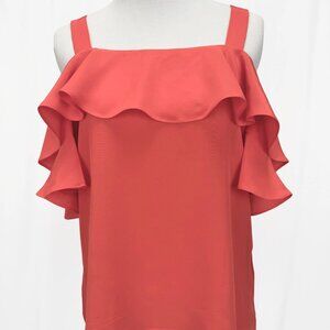 J.Crew Woman's size 2 Coral Silk Top Blues Ruffles Cold Shoulder Sleeves